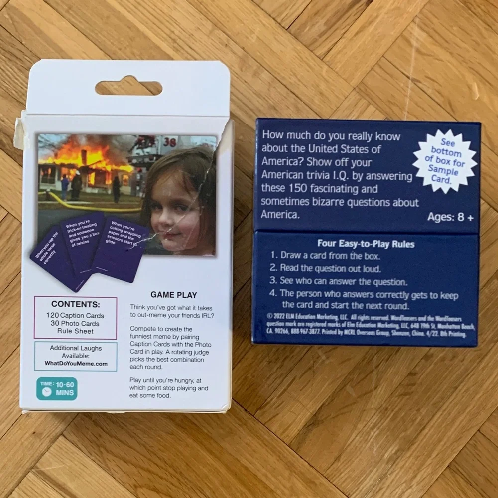 EUC (2) Family Card Games w/ Box - Trivia Game & Meme Game